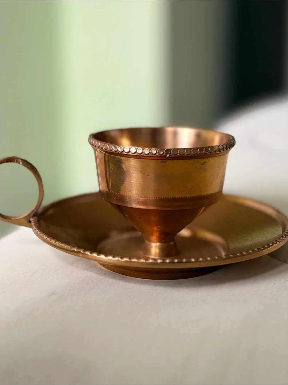 Vintage Golden Metal Chamber Style Candle Holder with Beaded Rim